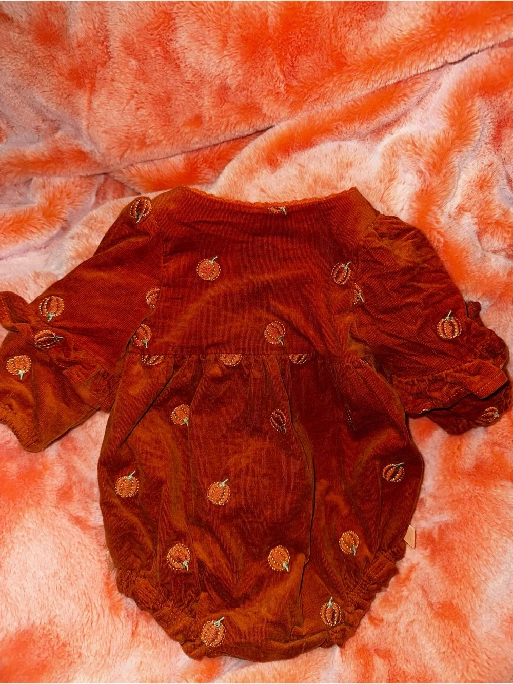 Isaac Mizrahi Rust Velvet Baby Romper with Pumpkin Embroidery
